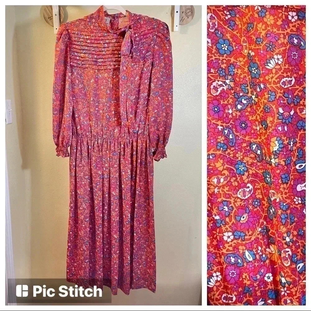 Vtg CB-II By CASTLEBERRY Ditsy Floral Dress 10 Tie Neck Cottagecore Granny-Core